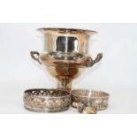 A 20th century silver plated wine cooler, of campagna shape, h.24cm; together with two silver plated