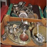 Two boxes of miscellaneous metalware to include various bottle coasters, brass preserve pan, Old