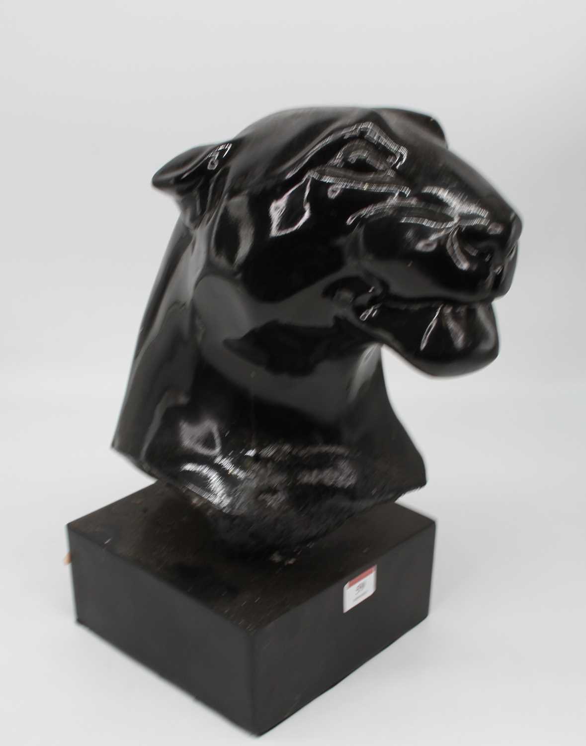 A black painted composite head of a jaguar mounted on a square plinth, height 39cm - Image 2 of 2