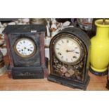 A Victorian black slate and rouge marble eight day mantel clock, height 33cm, together with a