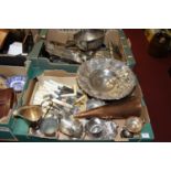 Two boxes of metalware to include silver plated pieces and brass and copper