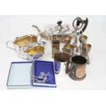 A small collection of miscellaneous metalwares to include a silver plated three-piece tea service