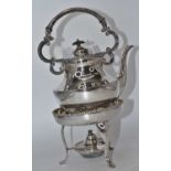 A late Victorian silver plated spirit kettle on stand, with spirit burner below, h.34cm