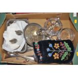 A box of miscellaneous items, to include a pair of WMF silver plated bottle coasters of pierced