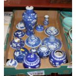 A box of 19th century and later Chinese ginger jars, covers, and vases, mainly prunus pattern on a