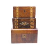 A Victorian Tunbridge inlaid walnut box, width 21cm, together with two others similar