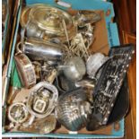 A box of miscellaneous items to include a mother of pearl inlaid tray, Old Sheffield Plate bottle