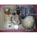 A collection of metal wares to include an Arts & Crafts copper and brass hot water pot, and a