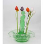 An Art Deco green frosted glass figural centrepiece, h.32cm; together with five glass tulipsChip