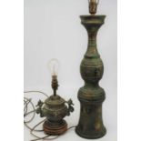 A Chinese verdigris metal table lamp of archaic form, height 81cm, together with another smaller