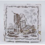 A Liverpool delftware tile, Sadler and Green, circa 1770, depicting an allegorical scene, 12.5 x