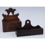 A Victorian Gothic oak church offerings box, the pierced shaped back painted For Than Offerings