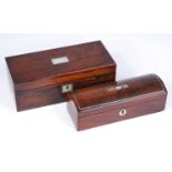 A Victorian rosewood work box of plain rectangular form, the hinged lid inlaid with a mother of