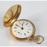 A Swiss yellow metal lady's full hunter pocket watch, having engine turned black enamel and rose cut