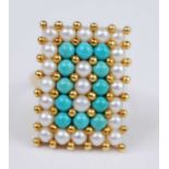A yellow metal, cultured pearl and turquoise rectangular panel ring, featuring an inner section of