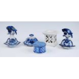 An unusual blue and white delftware flower holder, probably 19th century, dia.8cm, together with a