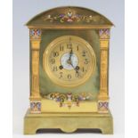 A late 19th century French gilt brass and champleve enamel mantel clock, the circular Arabic dial