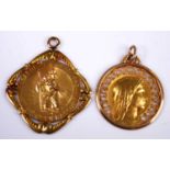 Two yellow metal pendants, comprising a St Christopher within a scrollwork surround, engraved in