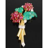 A yellow and white metal tutti-frutti floral bouquet brooch signed Cartier, London 117637, featuring