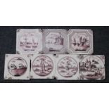 A set of six Dutch manganese and white tiles, 18th century and later, depicting a landscape within a