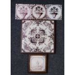 A matched set of three Dutch manganese and white tiles, 18th century and later, decorated with a