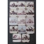 A matched set of fourteen Dutch manganese and white tiles, probably Rotterdam, 18th century and