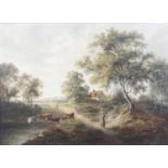 John Laporte (1761-1839) - Landscape scene with faggot-gatherer and cattle watering, oil on