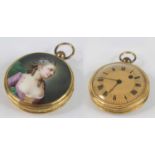 A late 19th century French yellow metal and enamelled porcelain backed pocket watch, having engine