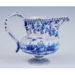 A Delft blue and white ewer, 18th century, decorated with a courting couple, marked for Willem van