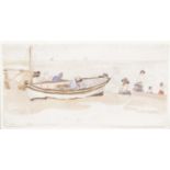 Thomas Churchyard (1798-1865)- Bathers and boats on Aldeburgh beach, watercolour, 7 x 14cm.