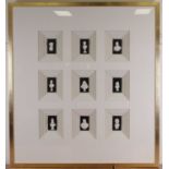 A display of nine miniature classical busts, housed in a single glazed deep frame, 110 x 100cm, d.