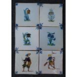 A matched set of six Dutch polychrome tiles, 17th century style, each depicting a 'manikin' figure