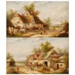 Georgina Lara (act.1840-1880) - Pair; Busy farmyard scenes with horses, chickens and figures, oil on