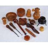 A small collection of 19th century and later treen wares to include an oak pocket snuff-box of