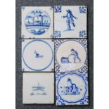 A Dutch blue and white tile, circa 1625-50, depicting a drunkard within ox head corners, 13 x