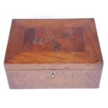 A Victorian mahogany and specimen wood inlaid box, the contents to include a rosewood and boxwood