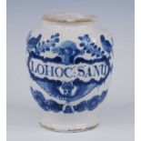 An English blue and white delftware dry drug jar, probably London, circa 1720, of typical form,