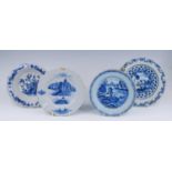 A Bristol blue and white delftware plate, circa 1760, decorated with a fisherman before a house,