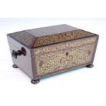 A circa 1830 rosewood and brass inlaid needlework box of sarcophagus form, and having papered fitted