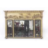 A mid-Victorian giltwood and gesso chimney mirror, having a classical frieze above three bevelled