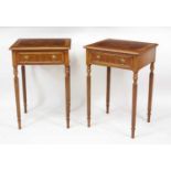 A pair of walnut and figured walnut single drawer lamp tables in the 19th century style, each having