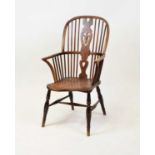 A Victorian elm seat and fruitwood Windsor chair, having a pierced vase splat back, dish seat, and