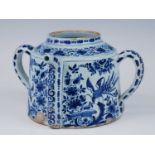A Lambeth blue and white delftware posset pot, circa 1720, of cylindrical form, the spout flanked by