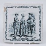 A Liverpool delftware tile, Sadler and Green, circa 1770, depicting a lady and two gallants, 12.5