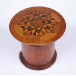 A Victorian mahogany and Tunbridge ware decorated nutmeg grater, the circular screw cap decorated