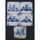 A matched set of five Dutch blue and white tiles, 17th or 18th century, depicting 'manikin'