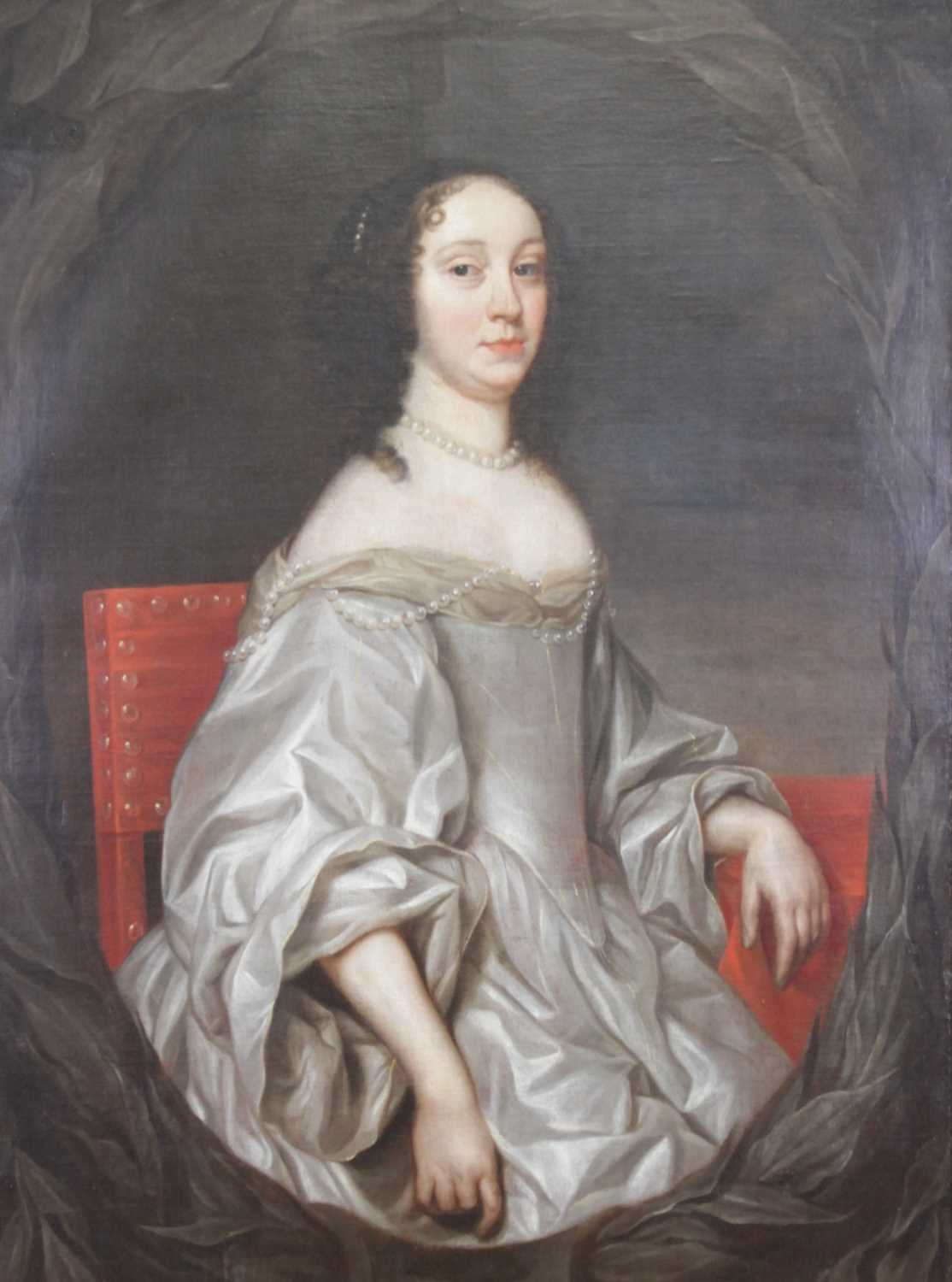 18th century English school - half-length portrait of a woman wearing a silk dress and pearl choker,