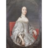 18th century English school - half-length portrait of a woman wearing a silk dress and pearl choker,