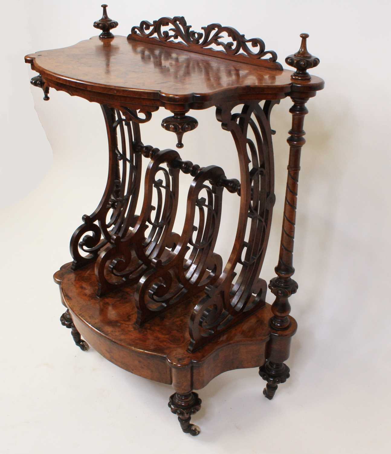 A mid Victorian walnut and figured walnut Canterbury whatnot of shaped outline with concealed base - Image 2 of 3