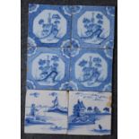 A set of four English blue and white delftware tiles, possibly London, 18th century, depicting a